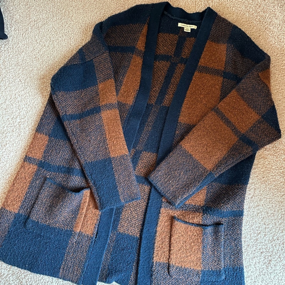 American Eagle Outfitters Dark Blue and Brown Knit Cardigan